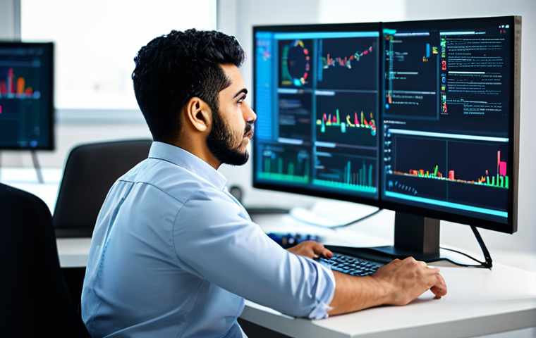 المطور الرؤيوي:**
A professional male developer, appearing to be an Arab individual, wearing a modest business casual shirt and trousers, fully clothed, appropriate attire. He is seated at a modern desk in a well-lit, high-tech office environment, deeply focused on a multi-monitor setup displaying intricate code and blockchain network diagrams. The background features blurred elements of a collaborative tech workspace, suggesting innovation and problem-solving. Perfect anatomy, correct proportions, natural pose, well-formed hands, proper finger count, natural body proportions. Professional photography, sharp focus, high-resolution, vibrant colors, safe for work, appropriate content, fully clothed, professional, modest, family-friendly.
**