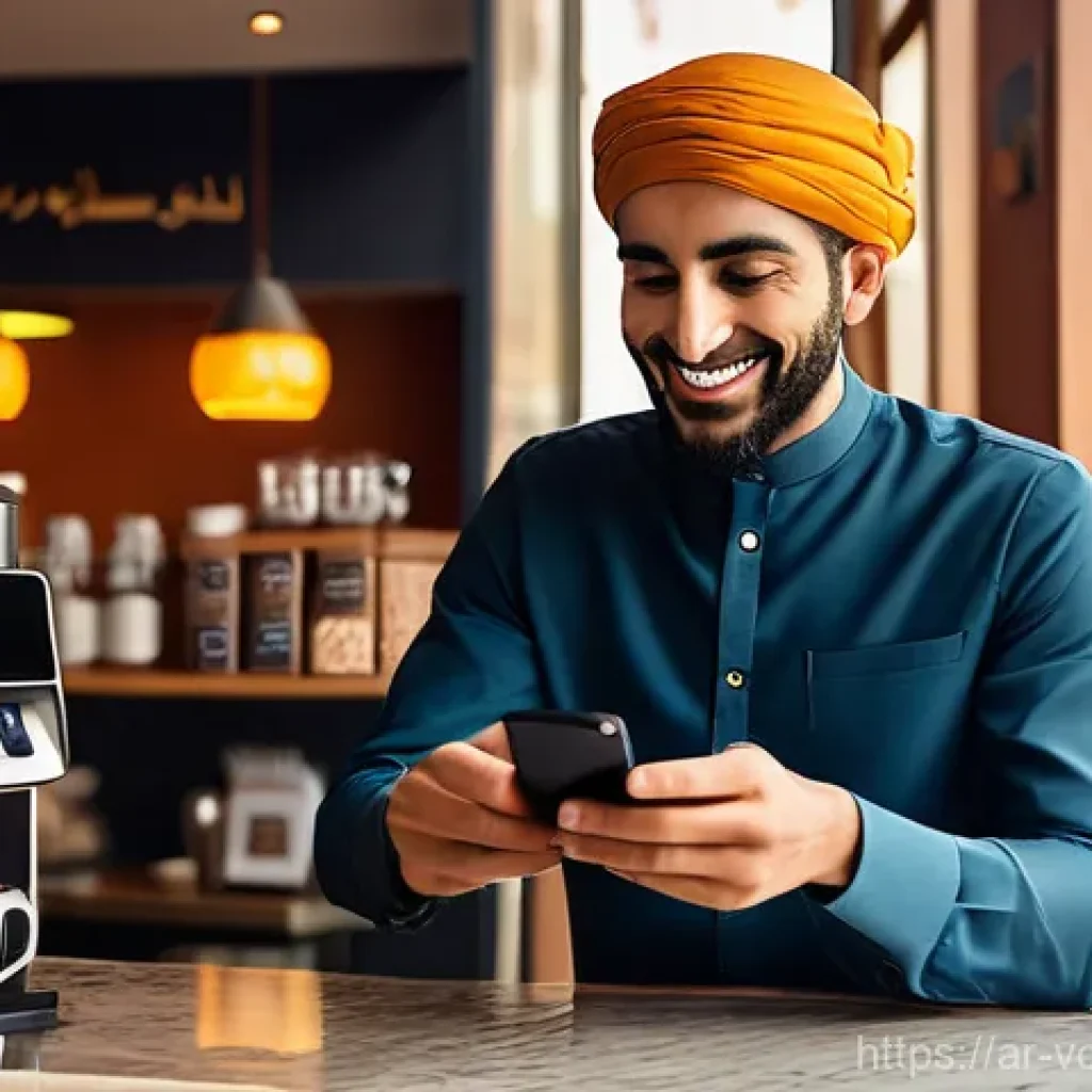 가상화폐의 지불 수단으로서의 가능성 - **Prompt:** A vibrant, bustling scene inside a contemporary Arab coffee shop. A well-dressed Arab ma...