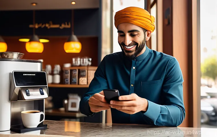 가상화폐의 지불 수단으로서의 가능성 - **Prompt:** A vibrant, bustling scene inside a contemporary Arab coffee shop. A well-dressed Arab ma...