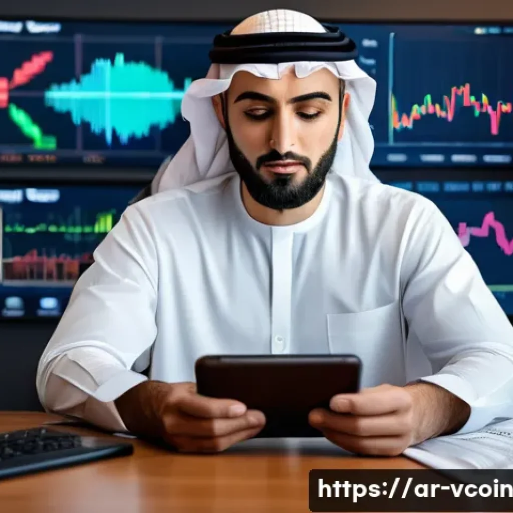 가상화폐 투자 심리 분석 - A Middle Eastern male investor sitting at a modern desk with multiple digital screens displaying cry...