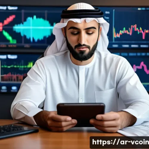 가상화폐 투자 심리 분석 - A Middle Eastern male investor sitting at a modern desk with multiple digital screens displaying cry...