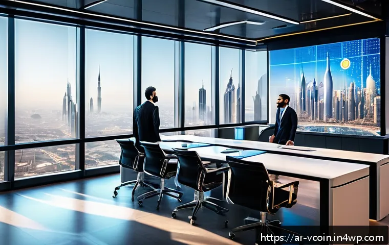 가상화폐의 규제와 테크놀로지의 융합 - A modern Middle Eastern financial regulatory office interior, featuring diverse Arab professionals i...