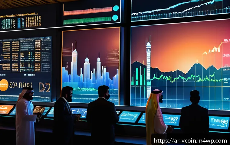 가상화폐의 시장 조사 방법 - A detailed digital art scene depicting a bustling Middle Eastern financial market setting at sunset,...