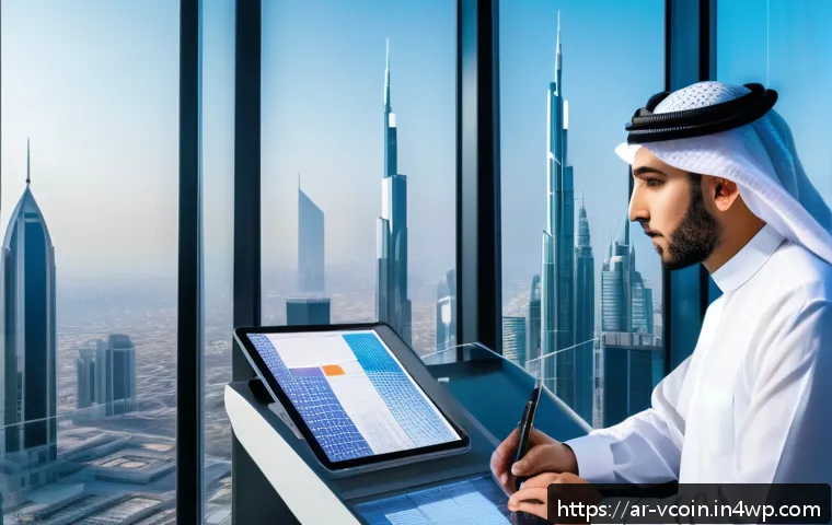 가상화폐로 인한 경제 변화 예측 - A modern digital financial office in a Middle Eastern setting, featuring diverse Arab professionals ...
