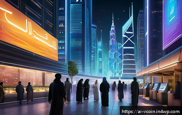 가상화폐의 세부 이론 및 원리 - A futuristic digital marketplace scene set in a modern Middle Eastern cityscape at dusk, featuring d...