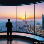 Home 23 가상화폐와 ESG 환경 사회 지배구조 - A modern Middle Eastern cityscape at sunset, showcasing a diverse group of professionals engaged wit...
