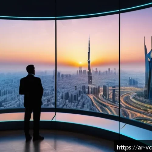 Home 17 가상화폐와 ESG 환경 사회 지배구조 - A modern Middle Eastern cityscape at sunset, showcasing a diverse group of professionals engaged wit...
