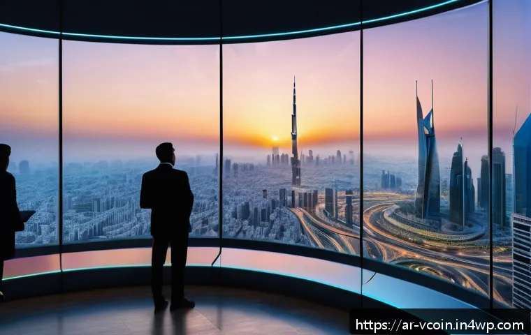 가상화폐와 ESG 환경 사회 지배구조 - A modern Middle Eastern cityscape at sunset, showcasing a diverse group of professionals engaged wit...