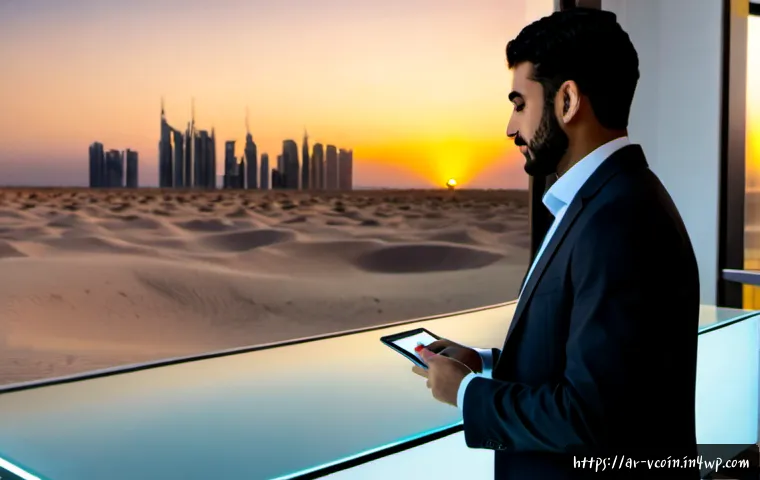 가상화폐와 핀테크의 발전 방향 - Photorealistic modern fintech workspace in a Gulf city, an Arab financial analyst in modest business...
